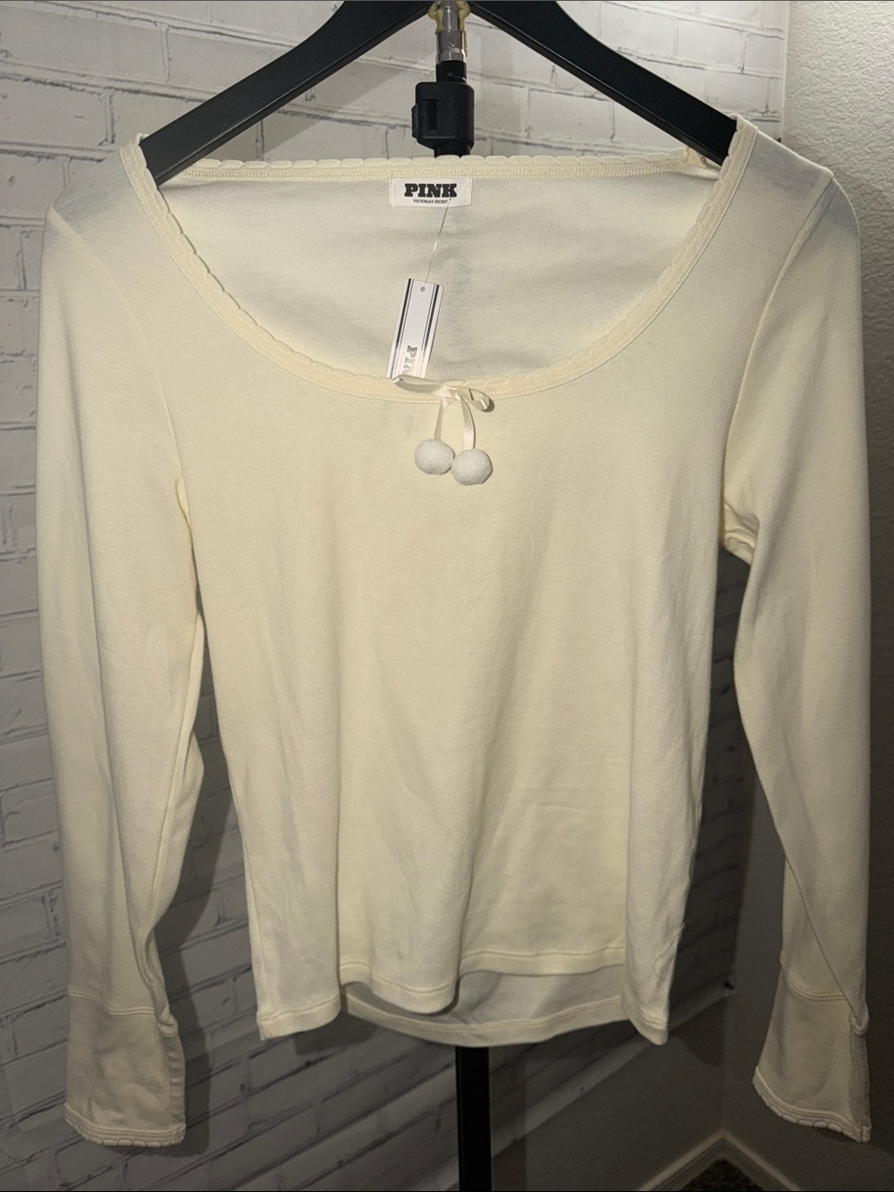 NWT PINK Victoria's Secret Cream Scoop Neck Long-Sleeve Top with Pom Tie